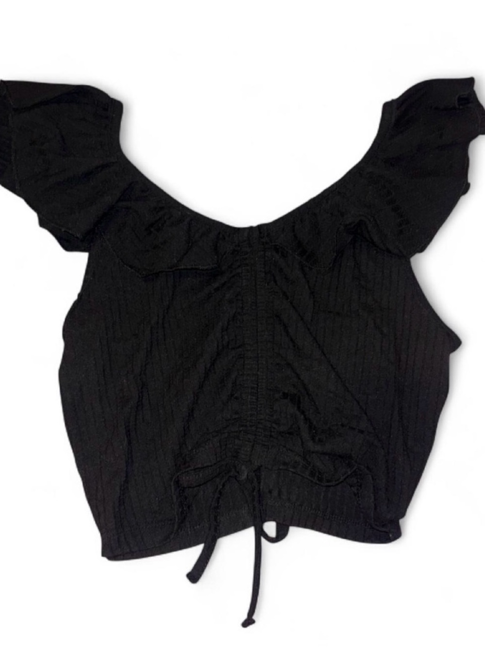 Forever 21 Black Ruffle Sleeve Drawstring Crop Top - Women